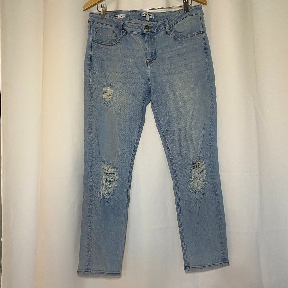 Vigoss Thompson Tomboy Straight MidRise Jeans Womens 32 LightWash Distressed EUC